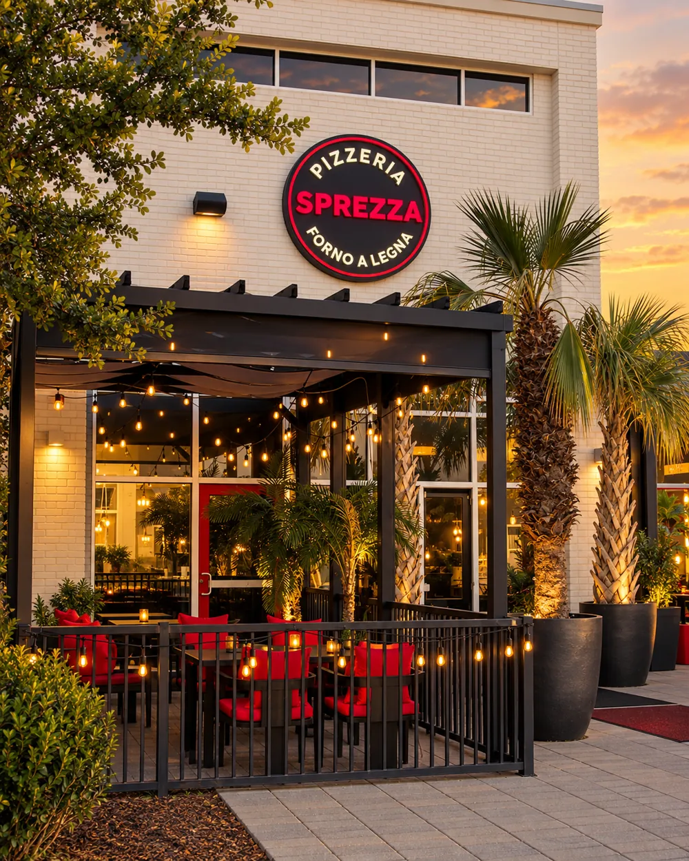 The Pizzeria Sprezza patio at dusk in Glade Parks