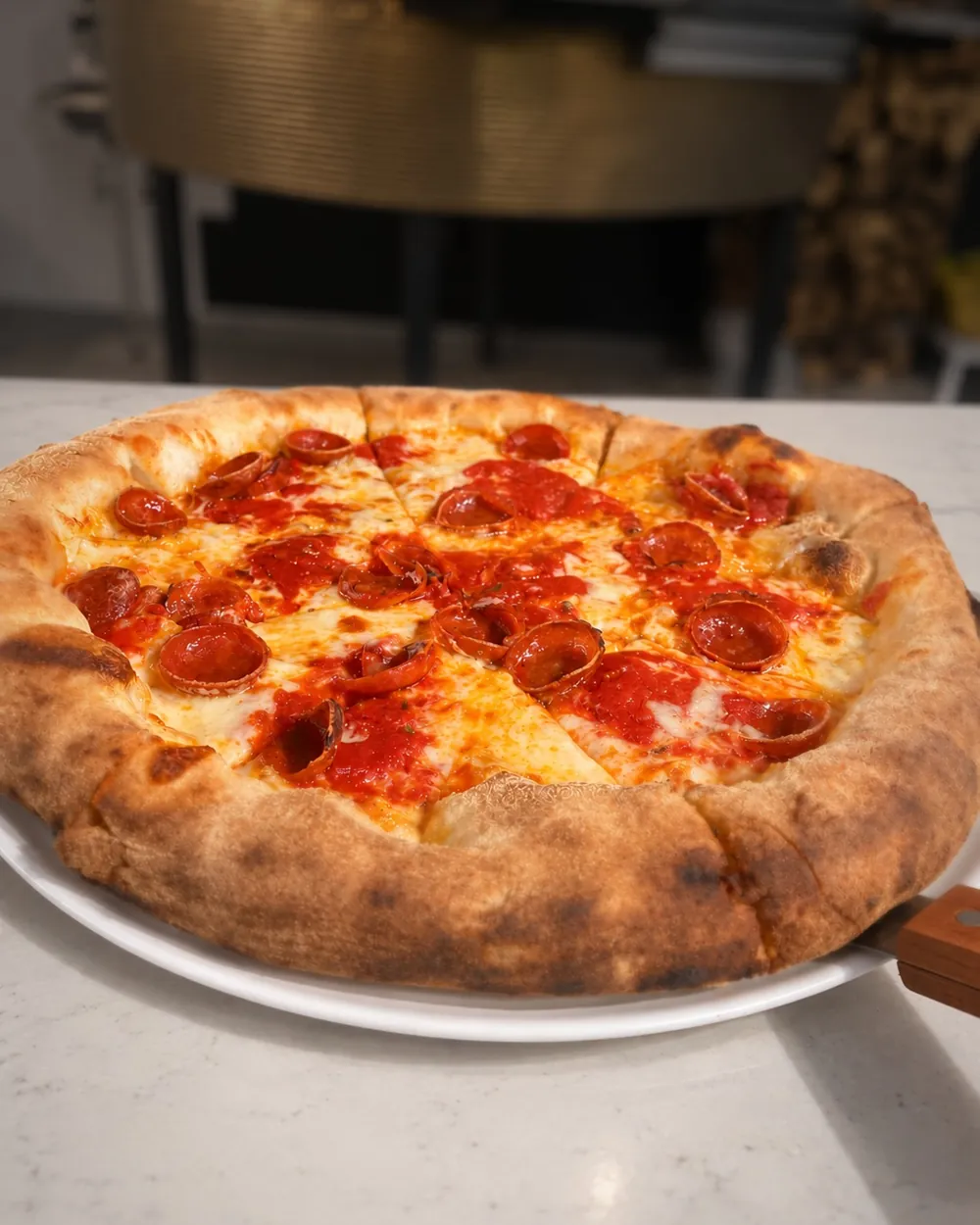Pepperoni pizza with cup and char pepperoni and a blistered crust