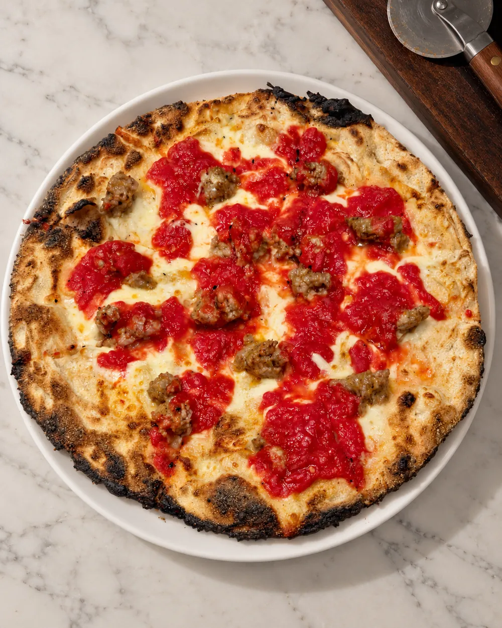 Spicy sausage pizza with San Marzano sauce