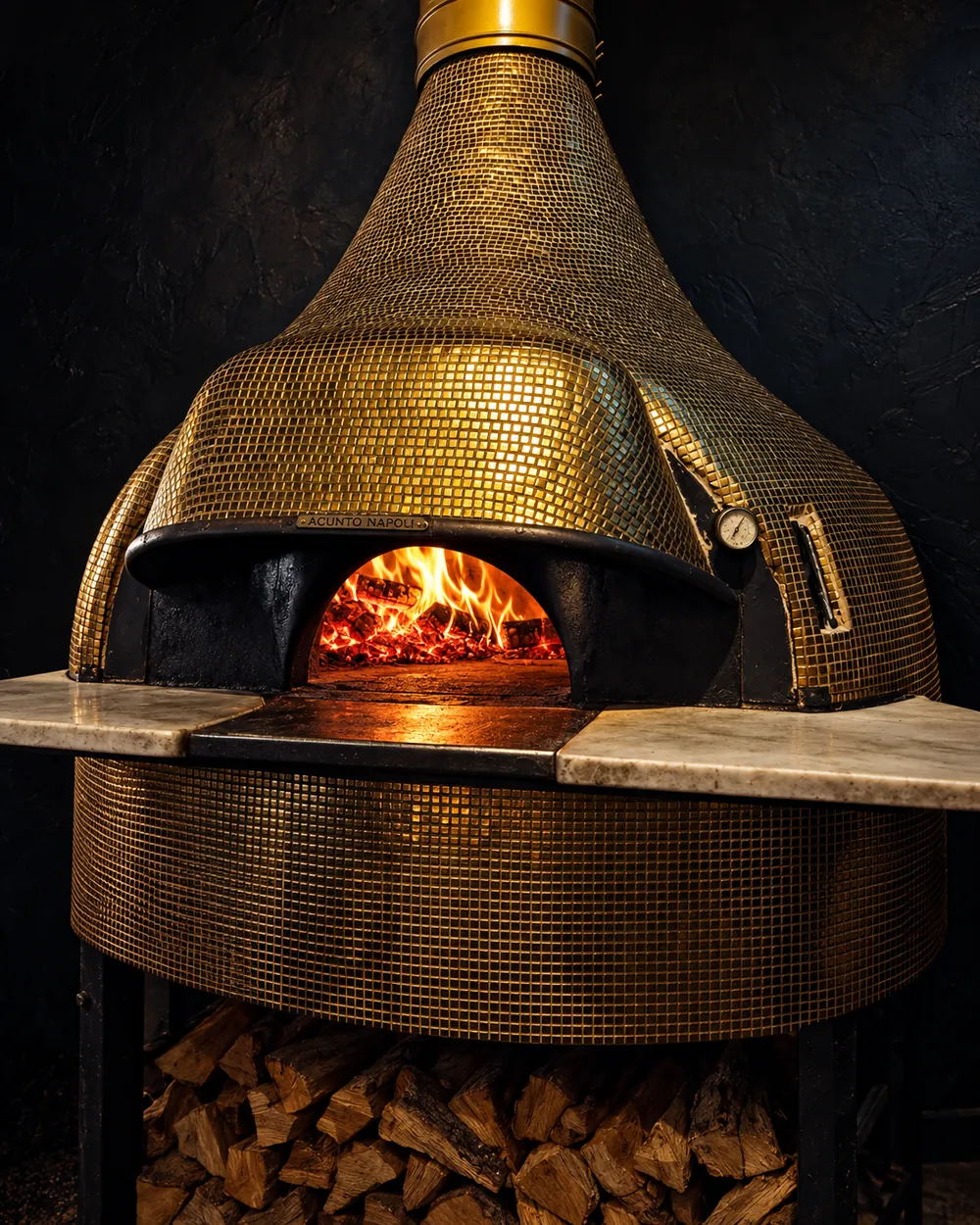 The gold mosaic wood-fired oven at Pizzeria Sprezza
